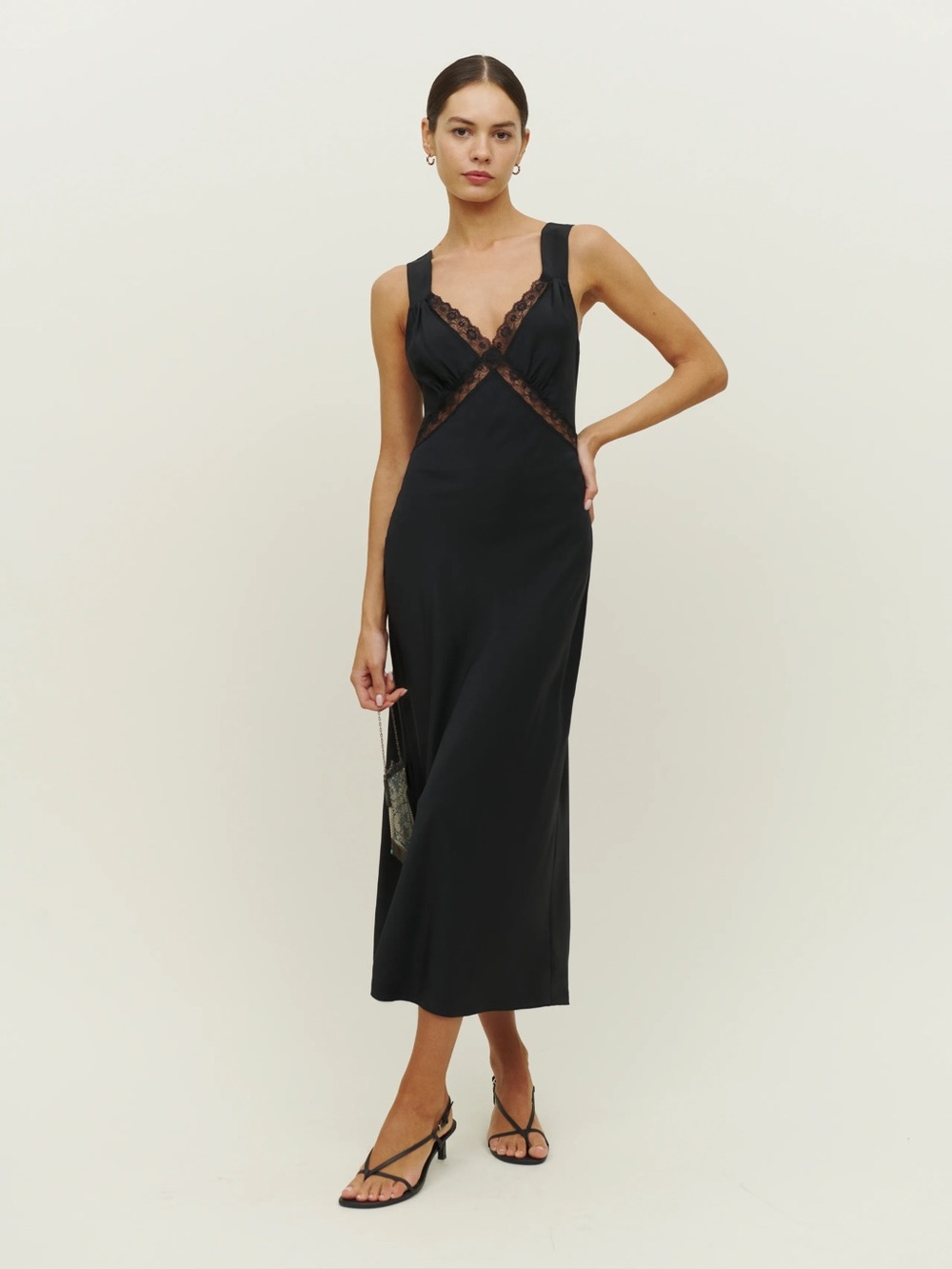 EUC $278 REFORMATION Provence Silk Dress Black S V-Neck Lace Trim Maxi Midi